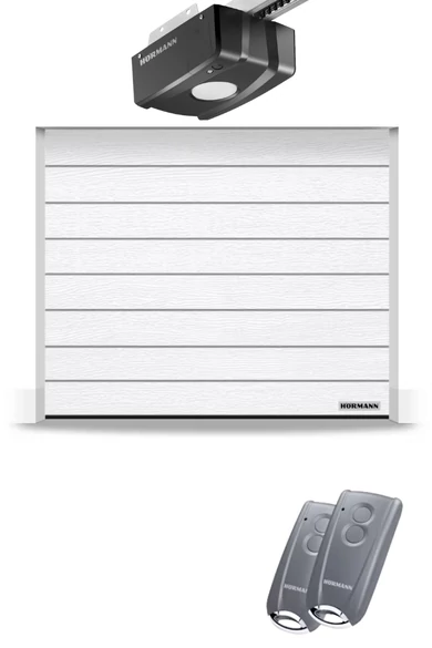 Hörmann RenoMatic szekcionált garázskapu | Woodgrain felület | M-bordás mintázat | RAL9016 fehér szín | ProLift meghajtás