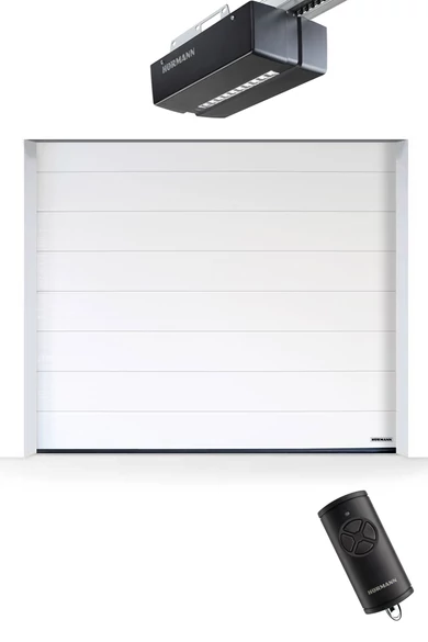 2375 x 2000 mm Hörmann RenoMatic szekcionált garázskapu | Woodgrain felület | M-bordás mintázat | RAL9016 fehér szín | ProMatic meghajtás