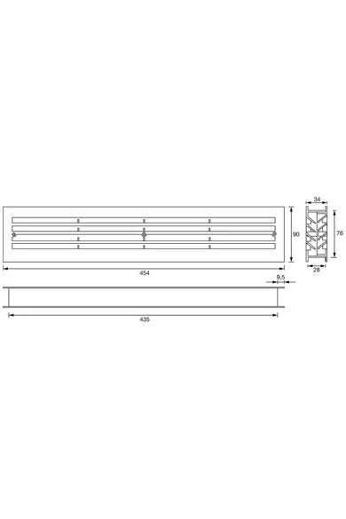 Műanyag szellőzőrács beltéri ajtóhoz, 455 x 90 mm - beépítési méretek